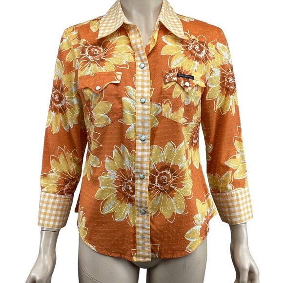 Lucky Brand Dungarees Size Medium Western Style Floral Pearl Snap Button Gingham - Picture 1 of 8